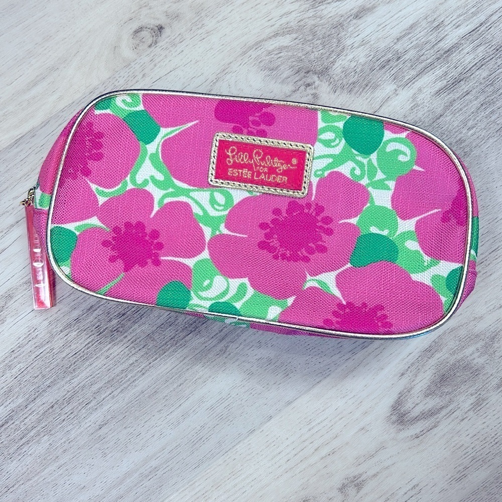 Lilly Pulitzer for Estée Lauder Pink & Green Tropical Floral Print Cosmetic Bag